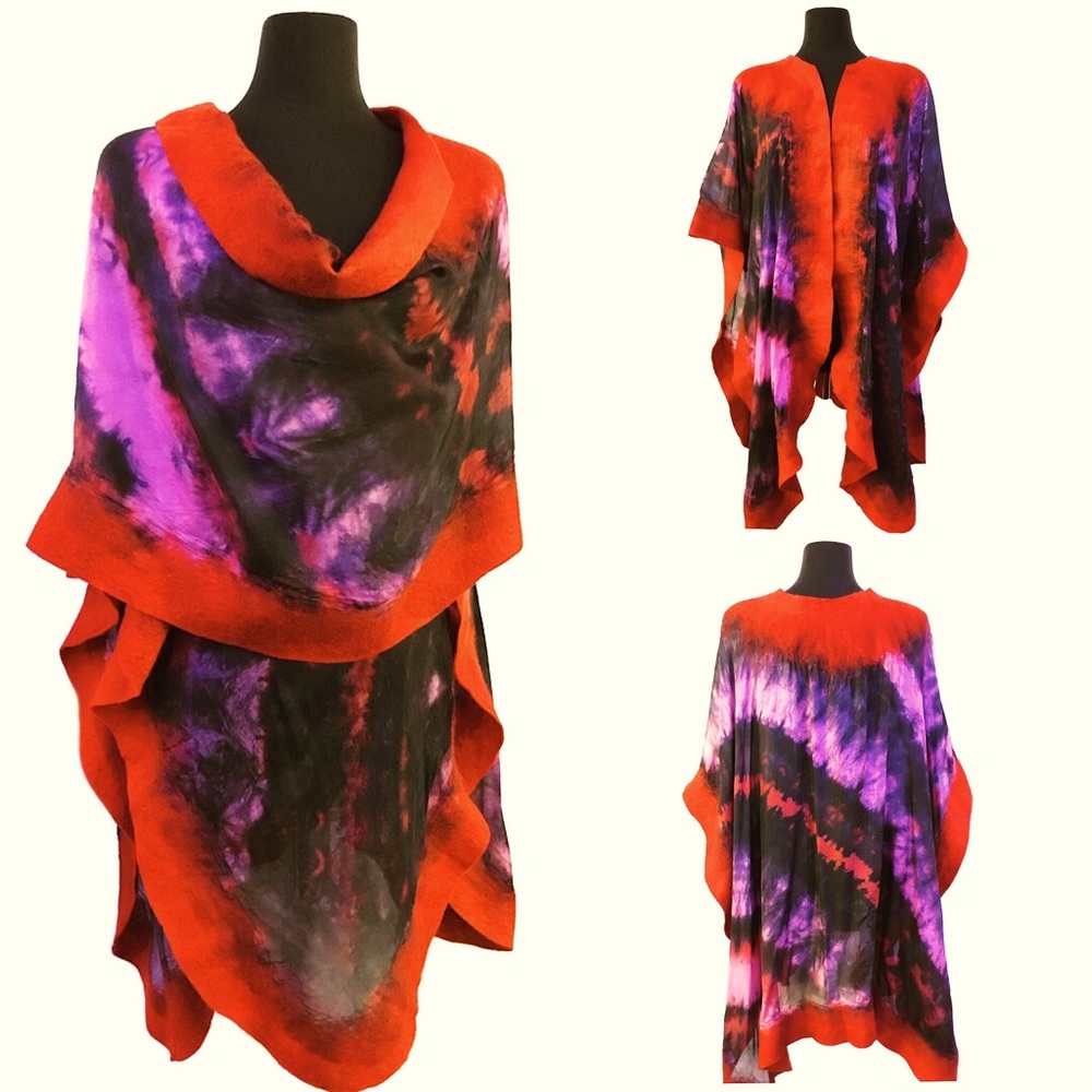 FELTED RED WOOL over BLK & Red Silk Butik Fabric Shawl/Wrap Handmade, Unique O/S